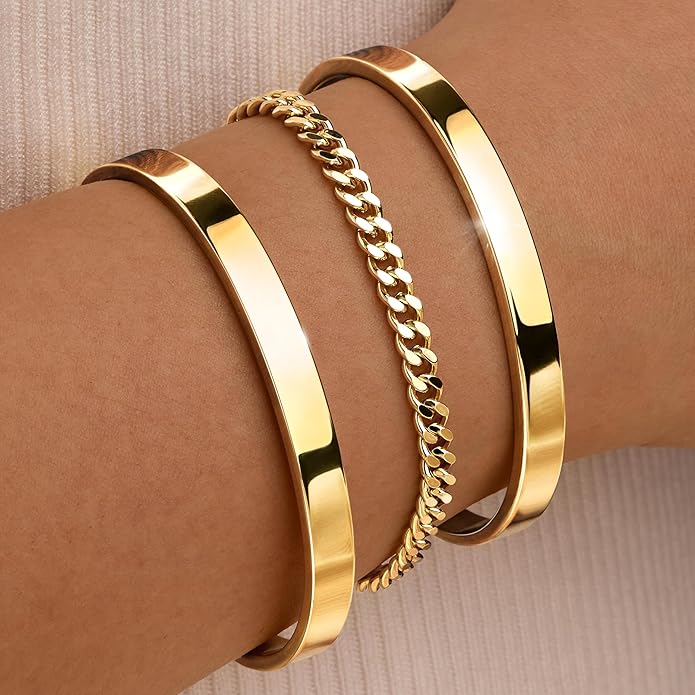Silver Bracelets for Women Stack, Silver or Gold Plated Cuff Bangle Set, Trendy Silver Jewelry for Women Fashion