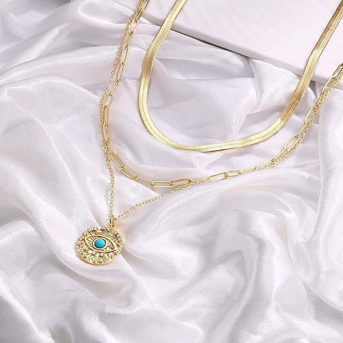 Turandoss Dainty Layered Choker Necklace, Handmade Y Pendant Necklace Multilayer Bar Disc Necklace Adjustable Layering Choker Necklaces for Women