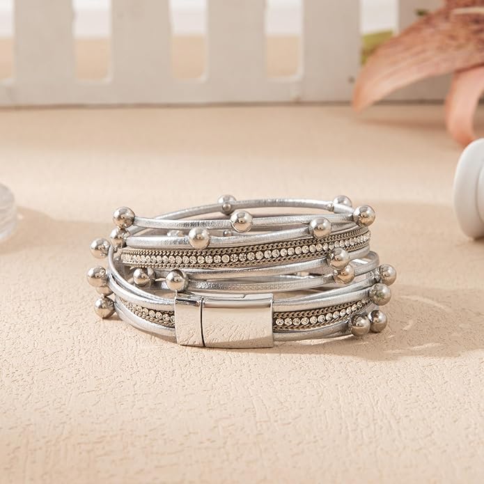 Rantanto Braid Leather Wrap Bracelet Trendy Stackable Crystal Cuff Boho Gold Heart Bracelet Jewelry Gift For Women