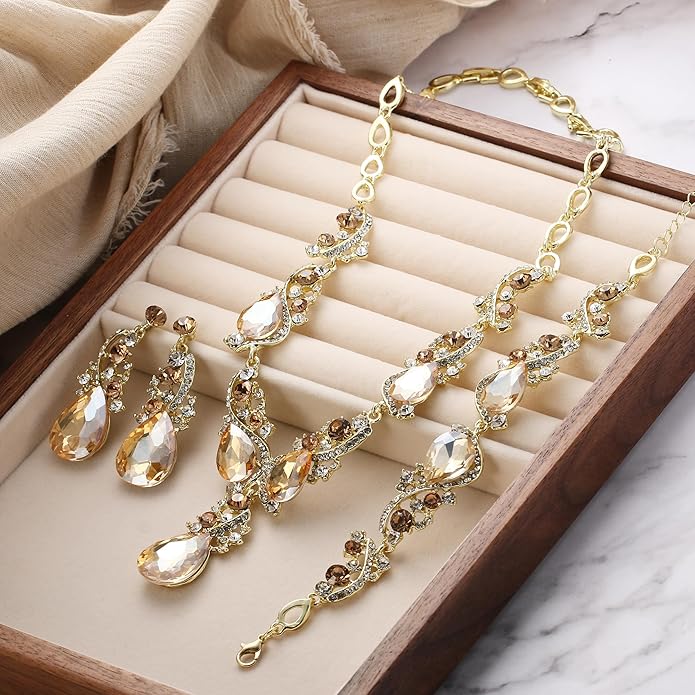 BriLove Wedding Bridal Jewelry for Women Multi Teardrop Cluster Crystal Statement Necklace Dangle Earrings Link Bracelet Set