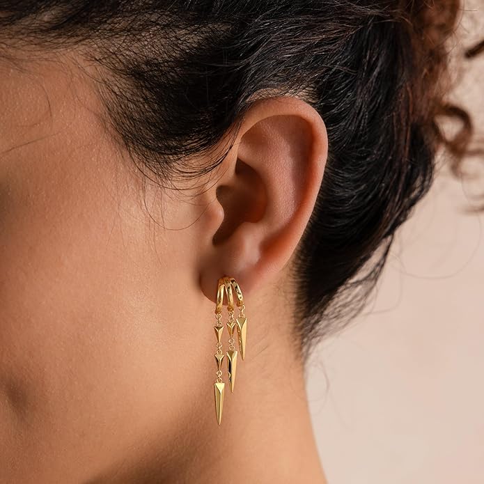 Dangle Earrings for Women,14k Gold Plated Triple Huggie Stud Earrings Dainty Drop Earrings for Women Trendy Gold Statement CZ Long Chain Earrings Non Tarnish Jewelry