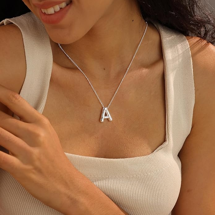 Initial Necklaces for Women, 14k Gold Plated Bubble Letter Necklace Chunky Gold Necklace Dainty Charm Initial Necklaces for Women Trendy Custom Preppy Stocking Stuff Necklace Christmas Gifts