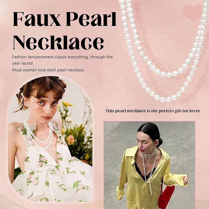 Long White Pearl Necklace 150cm/59 Adjustable Multi-Strand Faux Pearls for Women, Bridal Wedding Vintage Gatsby Jewelry for Party & Elegant Events