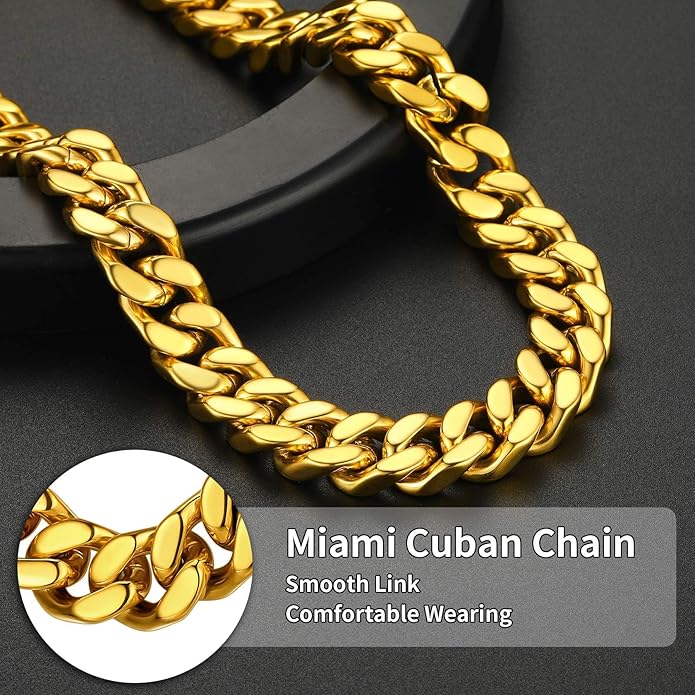 ChainsHouse Stainless Steel Mens Cuban Link Chain, Black/ 18K Gold Plated Miami Cuban Chain Necklace, 5mm/7mm/9mm/12mm/14mm Width, No Tarnish& Durable Hip Hop Mens Jewelry, 18"-30", Send Gift Box