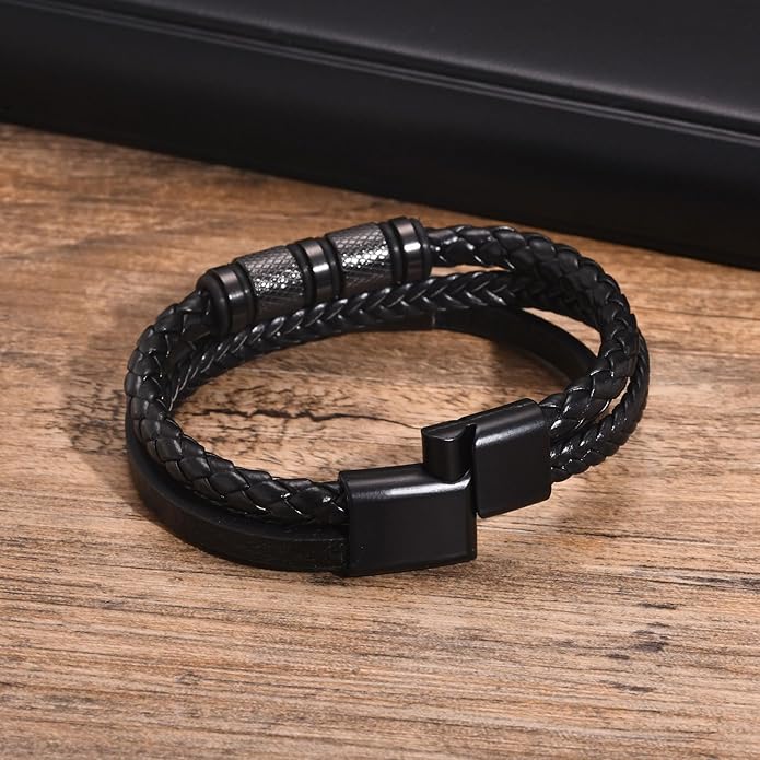 Italian Handmade Genuine Leather Bracelets for Men Stainless Steel Clip, Men's Casual Genuine Multi-layer Cuff Bracelet, Bracelet Gift for Real Men