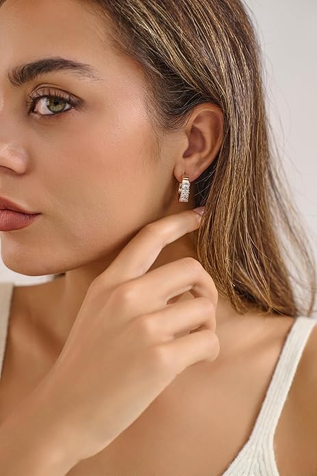 14K Gold & Rose Gold Hoop Earrings for Women, Chunky Huggie Half Hoops Earrings, Hypoallergenic Non Tarnish Cubic Zirconia Trendy Minimalist Everyday Jewelry Gift