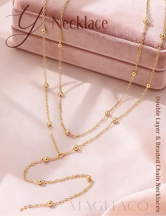 Magitaco Lariat Necklace for Women, 18K Gold Plated/Silver Color Dainty Long Necklaces for Women Layered Y-Necklace, Drop Beaded Sequined Chain for V-Neck, Elegant Wedding Guest Jewelry