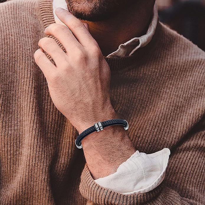 Leather Bracelet for Men with Adjustable Stainless Steel Magnetic Clasp Multi-Layer Braided Mens Leather Bracelet