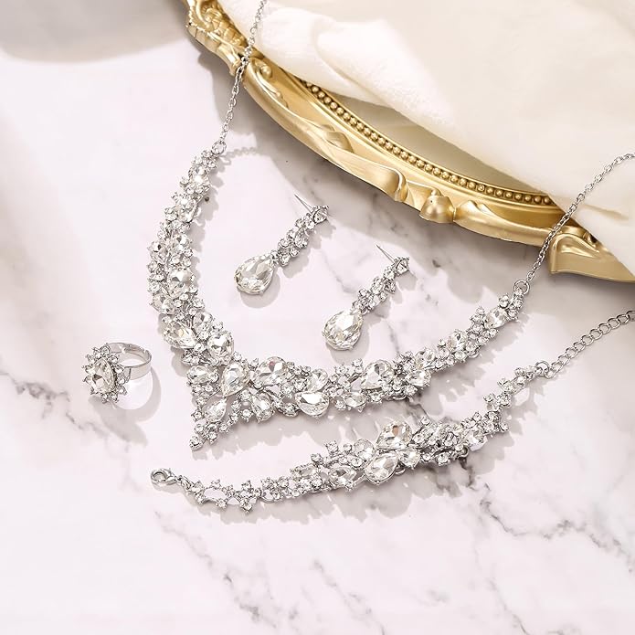 BriLove Wedding Bridal Jewelery for Women Austrian Crystal Teardrop Cluster Statement Necklace Dangle Earrings Link Bracelet Set