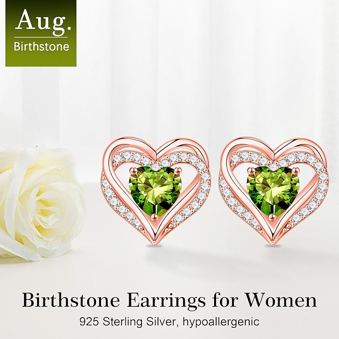 Iefil Birthstone Earrings for Women, 925 Sterling Silver Heart Stud Earrings Birthday Gifts for Women