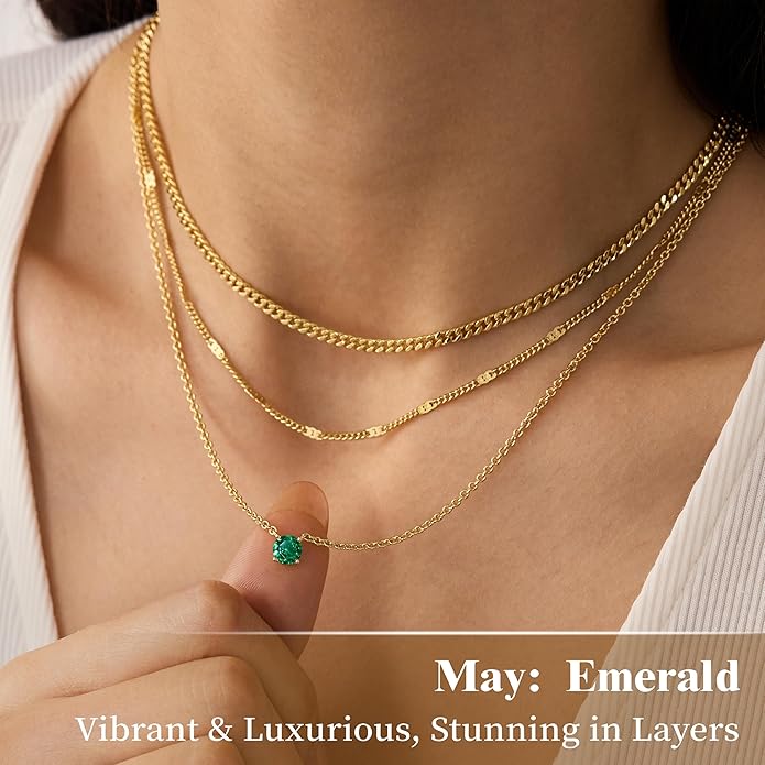 WomenGifts Layered Gold Necklaces for Women, 14K Gold Sterling Silver Plated Dainty Pendant Necklace Set with Cubic Zirconia Circle, Chunky Stackable Cuban Chain Choker, Trendy Personalized Birthstone Jewelry Gift Non Tarnish