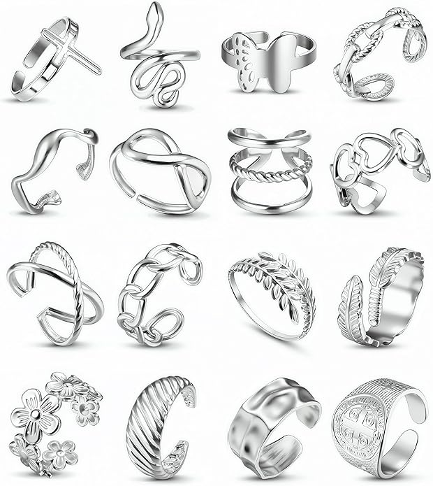 LOLIAS 16Pcs Stainless Steel Rings for Women Chunky Silver Rings Non Tarnish Stackable Ring Open Adjustable Thumb Finger Statement Rings Set