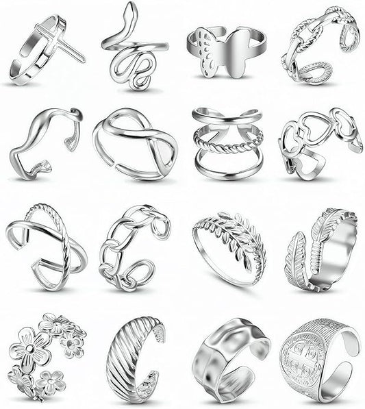 LOLIAS 16Pcs Stainless Steel Rings for Women Chunky Silver Rings Non Tarnish Stackable Ring Open Adjustable Thumb Finger Statement Rings Set