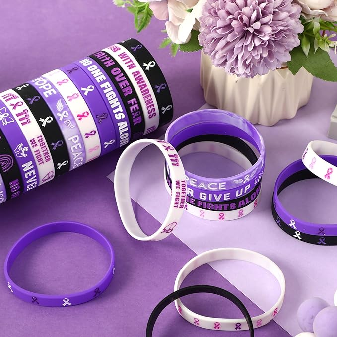 JUNEBRUSHS 64pcs Purple Ribbon Awareness Silicone Bracelets Hope Faith Courage Accessories Wristbands for Lupus Domestic Violence Epilepsy Pancreatic Cancer Alzheimers Awareness Party Supplies