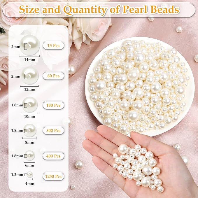 Anezus 2205Pcs Pearls for Craft, Assorted Sizes Fake Pearl Beads, Sew on Pearls, Bulk Loose Pearl Beads with Holes for Jewelry Making, Bracelets, Necklaces, Hairs, Decoration, Vase Filler