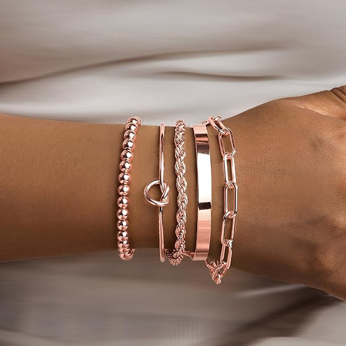 Gold Bracelets for Women Non Tarnish, 14K Gold Plated Chunky Cuff Bracelet Gold Bangles Bracelet for Women Trendy Tie Knot Cuban Rope Paperclip Beaded Bracelet Stack Jewelry Gifts