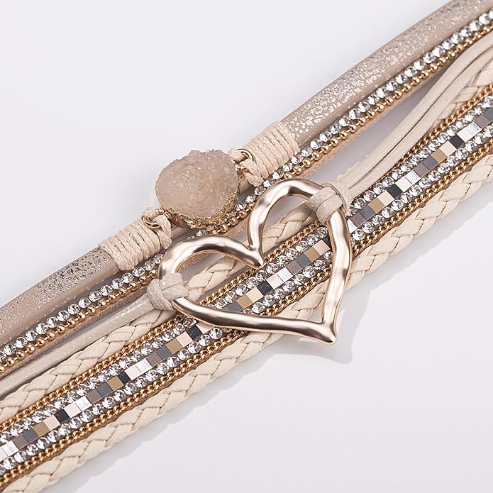 FANCY SHINY Heart Leather Wrap Bracelets Stackable Boho Cuff Bangles Trendy Resin Stone Rhinestone Bracelets with Magnetic Clasp for Women