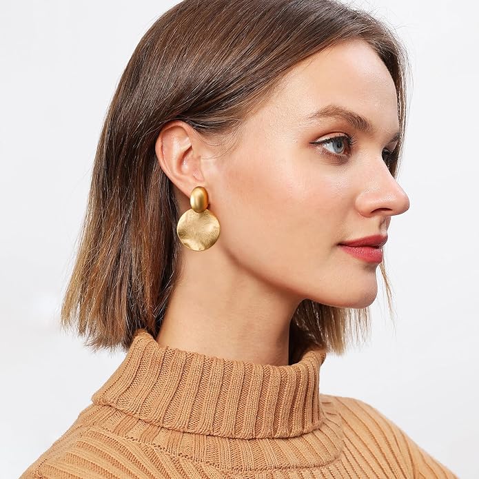 FAMARINE Big Disc Drop Earrings Gold Dangle Earrings Round Hammered Earrings Women