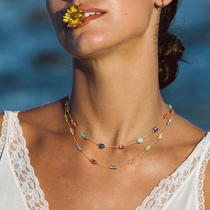 MTMY Beaded Necklaces for Women 14K Gold Plated Dainty Colorful Green/Rose Beaded Pearl Choker Necklace Delicate Boho Choker Necklace Jewelry Gift