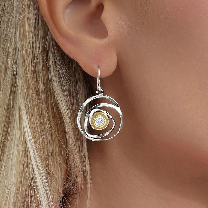 Jean Rachel Jewelry - Artistic Mixed Metal Two Tone Earrings for Women – CZ Dangle Earrings – 925 Sterling Silver & 14K Gold Over Silver – Hypoallergenic Statement Design