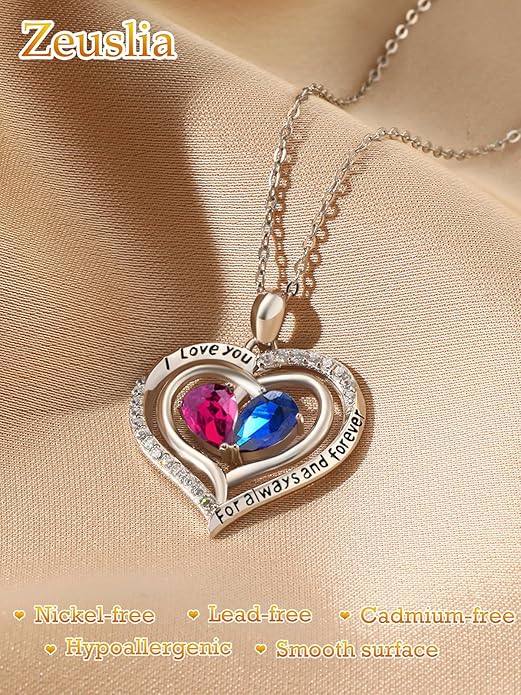 Zeuslia Double Birthstone Necklace Gifts for Wife - 925 Sterling Silver Sunflower/Rose/Crown Cross/Compass/Heart Pendant I Love You Necklace, Anniversary Birthday Gifts for Wife Girlfriend Mom Her