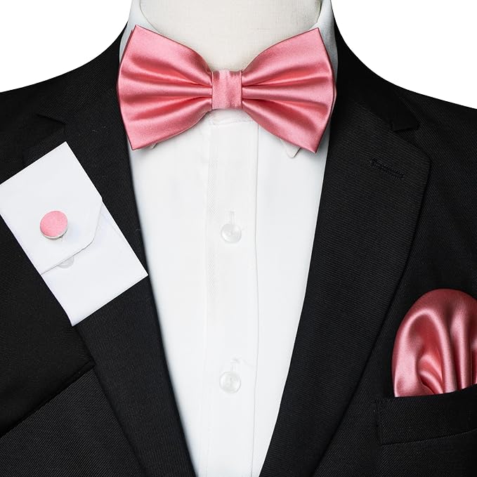 JEMYGINS Solid Color mens Pre-tied Bow Tie and Pocket Square Cufflinks Sets with Gift Box