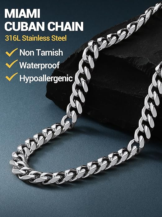 PROSTEEL Miami Cuban Link Chain for Men, 18K Gold/Black/Stainless Steel Necklace,6mm/9mm/12mm Width, Upgrade Clasp & Durable Chain for Mens Womens Jewelry,18"-30",with Gift Box
