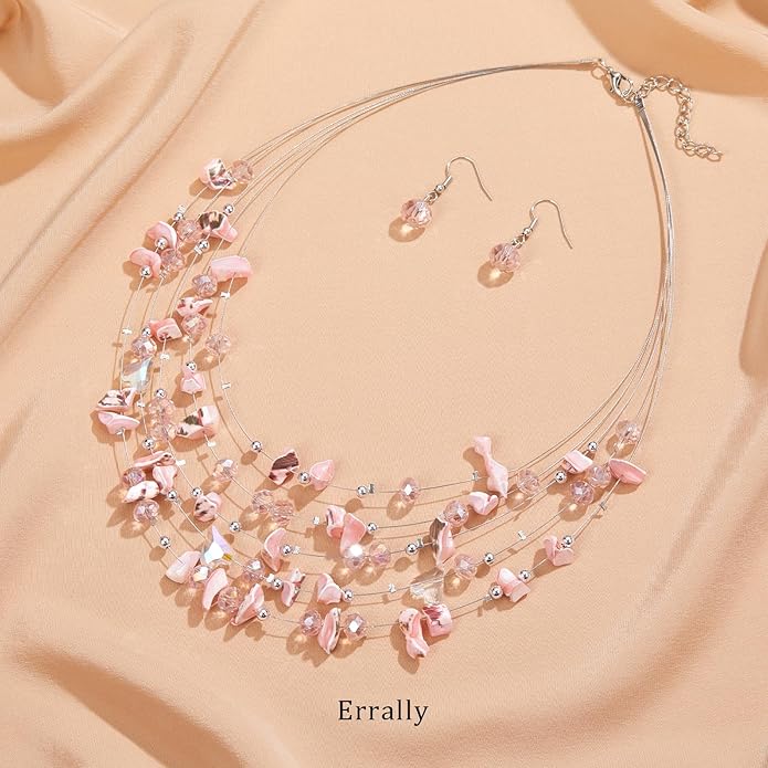 Multi-Layer Boho Shell Beaded Necklace for Women Colorful Crystal Strand with Silver Beads Statement Collars Necklace and Earrings Costumes Jewelry Sets for Women
