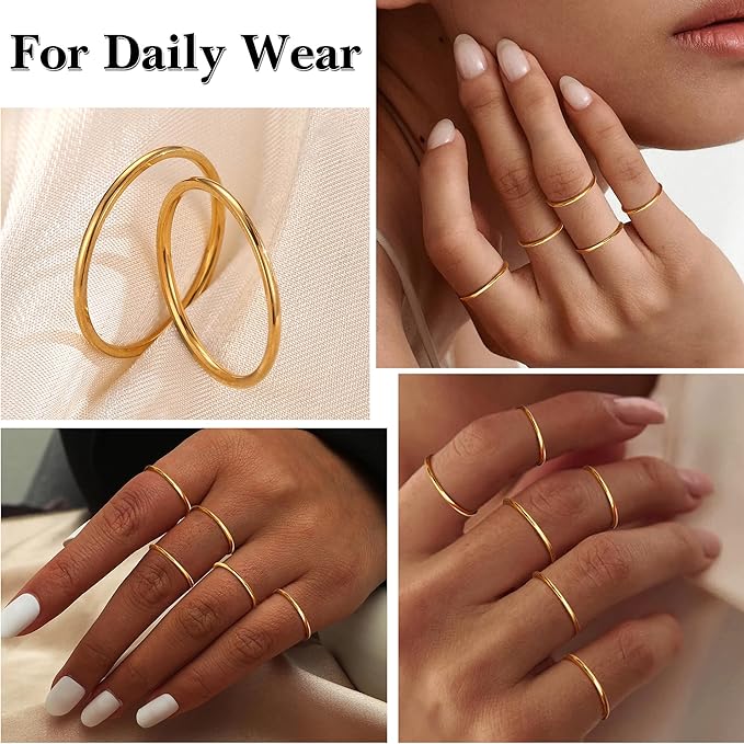 MILACOLATO 1mm Stainless Steel Stacking Rings for Women | Thin 14K Gold Plated Band Rings | Stackable Knuckle Rings Thumb Pinky Midi Rings | Comfort-Fit Size 3/4/5/6/7/8/9