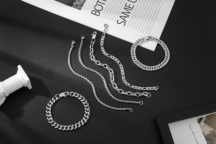 XIANNVXI 6pcs Stainless Steel Bracelets for Men Women Silver/Gold/Black Cuban Link Rope Paperclip Chain Bracelets Set 6.5/7/7.5/8.3/9 Inches Metal Bracelet Mens Fashion Accessories Jewelry Set