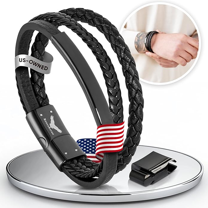 RogueRaven Black Leather Bracelet for Men – Premium Collection – Brown Black Gold Silver | Genuine Leather Mens Bracelet with Stainless Steel Clasp [Adjustable] | In Luxury Gift Box