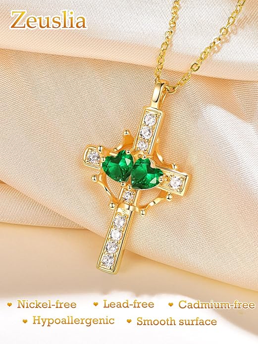 Zeuslia Double Birthstone Necklace Gifts for Wife - 925 Sterling Silver Sunflower/Rose/Crown Cross/Compass/Heart Pendant I Love You Necklace, Anniversary Birthday Gifts for Wife Girlfriend Mom Her