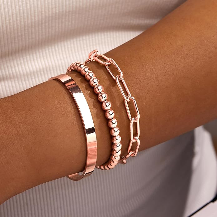 Gold Bracelets for Women Non Tarnish, 14K Gold Plated Chunky Cuff Bracelet Gold Bangles Bracelet for Women Trendy Tie Knot Cuban Rope Paperclip Beaded Bracelet Stack Jewelry Gifts