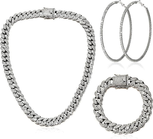 Batiyeer 3 Pcs Cuban Link Chain Necklace Bracelet Rhinestone Hoop Earrings Bling Crystal Hip Hop Jewelry for Women(16 Inch,Steel Black)
