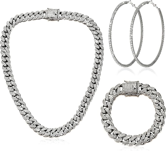 Batiyeer 3 Pcs Cuban Link Chain Necklace Bracelet Rhinestone Hoop Earrings Bling Crystal Hip Hop Jewelry for Women(18 Inch,Steel Black)