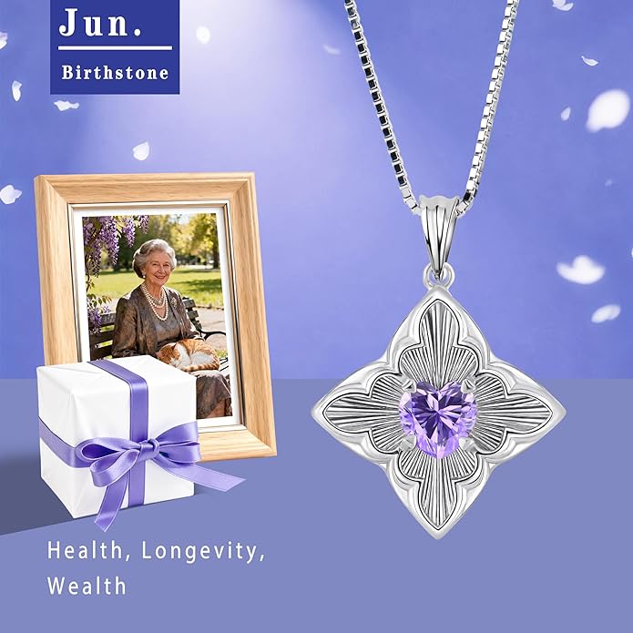 Delicate Four-Leaf Clover Charm Necklace with January Birthstone - S925 Silver, Gift Idea