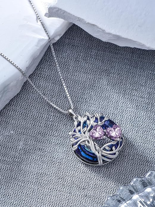 TOUPOP s925 Sterling Silver Family Celtic Tree of Life Pendant Necklaces with 2 Heart Birthstone with Blue Austrian Crystal Jewelry Birthday Anniversary Christmas Gifts for Her Wife Girlfriend Mom (18K Real White Gold Filled)