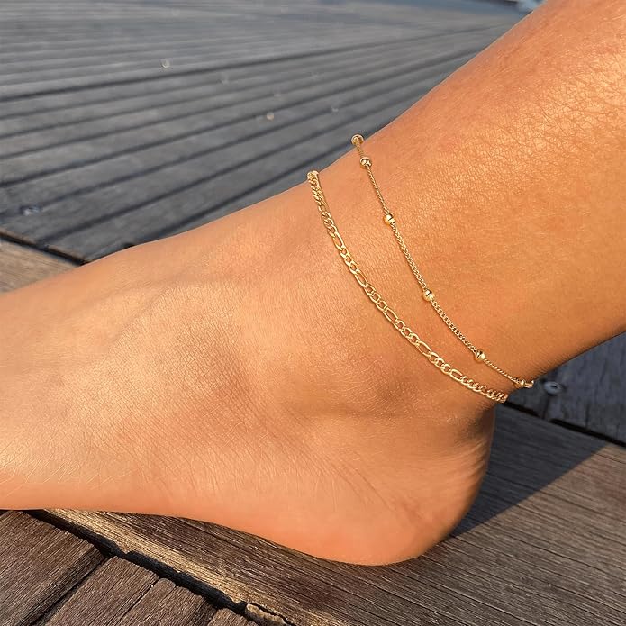 Ritach Ankle Bracelets for Women - Silver/Gold Plated Stainless Steel Anklets for Women Waterproof Layered Cuban Link Figaro Chain Heart Anklets Set Summer Beach Jewelry Gifts