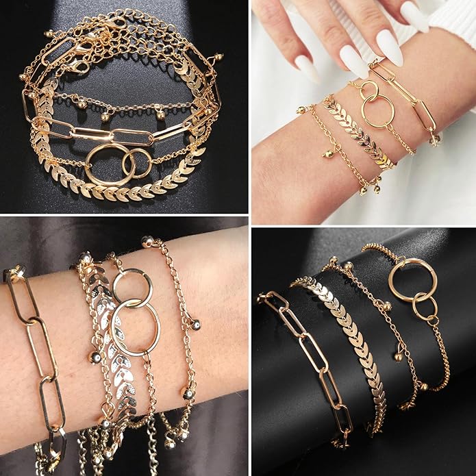 17IF 18-25 PCS(6 Pack) Boho Gold Bracelets Set for Women Stackable Chunky Dainty Bangles Adjustable Chain Flat Cuff Cuban Punk Charm Bundle Jewelry