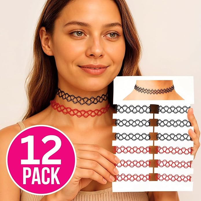 BodyJ4You 12PC Tattoo Choker Necklace - 90s Accessories 2000s Jewelry Y2K Fashion Vintage Trendy - Rainbow Goth Black Pink Green Blue White - Adjustable Stretchy Elastic Necklace Summer Vacation Set