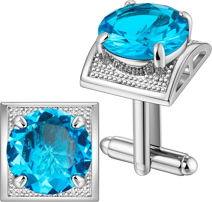 HAWSON Large Silver Birthstone Cuff Links Mens, Colorful Gem Cufflinks for Shirt Suit Accessories, Birthday Anniversary Wedding Gifts for Groommens Husband Father