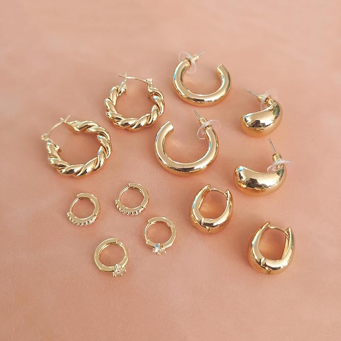 6 Pairs Gold Hoop Earrings for Women, 14K Gold Plated Huggie Hoop Earrings Set Hypoallergenic Lightweight Chunky Open Hoops Jewelry for Gift