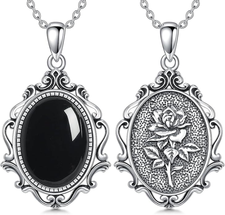 PELOVNY Rose Necklace 925 Sterling Silver Moonstone Turquoise Obsidian Necklace Victorian Cameo Rose Vintage Western Jewelry Christmas Valentines Day Gifts for Women