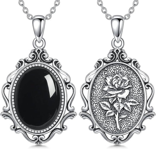 PELOVNY Rose Necklace 925 Sterling Silver Moonstone Turquoise Obsidian Necklace Victorian Cameo Rose Vintage Western Jewelry Christmas Valentines Day Gifts for Women