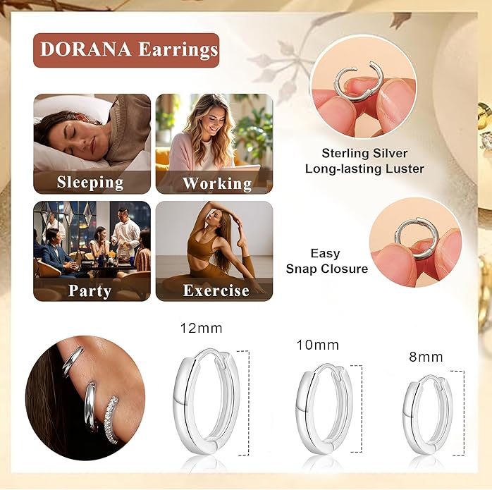 DORANA Valentines Day Gift 3 Pairs 925 Sterling Silver Earrings for Women Girls Non Tarnish Small Hypoallergenic Huggie Hoops Cartilage Stack Earring Sets for Multiple Piercing