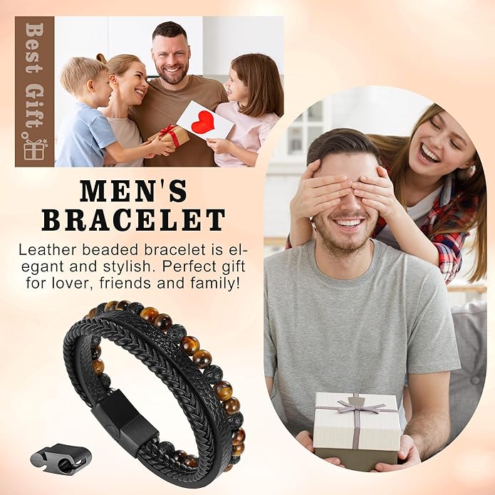 Gifts for Men - Layered Leather Beads Bracelet, Tiger Eye Lava Rock Stone Braided Leather Bracelets for Men Adjustable Magnetic Clasp Birthday Gifts
