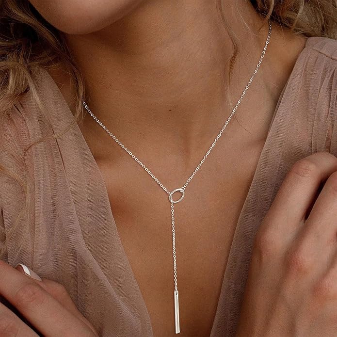 Lariat Necklace for Women, Dainty 14K Gold/Silver Plated Long Necklaces for Women Trendy Simple Layered Y-Shaped Drop Pendant Necklace Adjustable Gold Jewelry Gifts For Her Christmas Stocking Stuffer