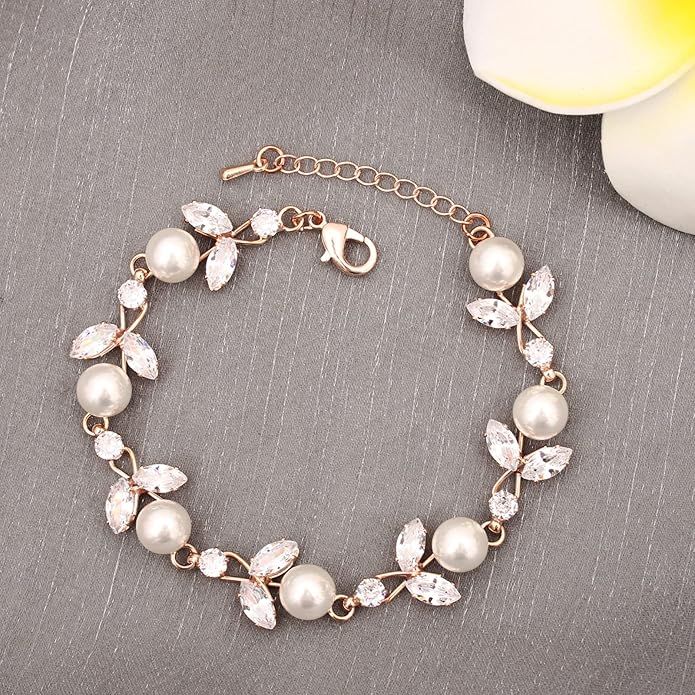 Luxury Cubic Zirconia Aurtrian Crystal Pearl Floral Necklace Dangle Earrings Wedding Bridal Jewelry Set Birthday Gifts for Her