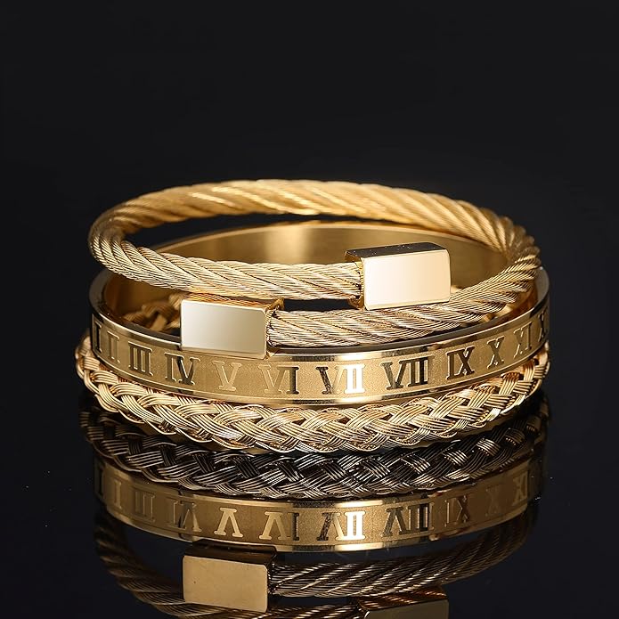 WFYOU 3PCS Stainless Steel Bracelets for Men Gold Roman Numeral Bangle Bracelet Twisted Cable Bracelet Adjustable Cuff Bracelet Mens Luxury Jewelry Bracelets Gifts