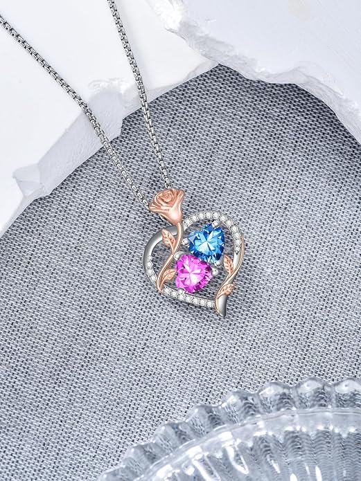 Christmas Gifts for Women Rose Heart Birthstone Pendant Necklace I Love You Forever Jewelry Valentine Mothers Day Birthday Gifts for Women Her Wife Girlfriend